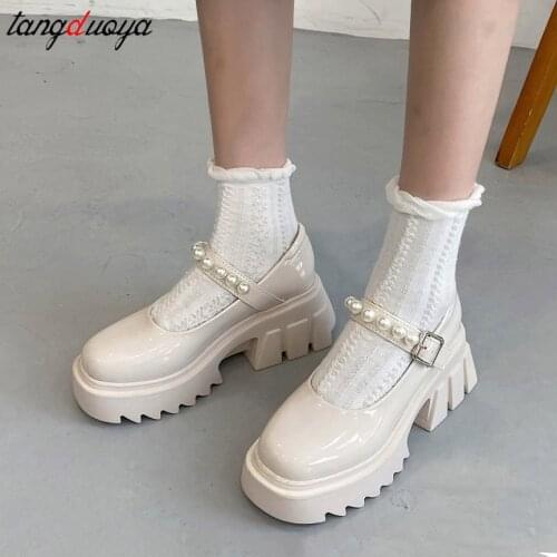 Pearl Small leather shoes women 2021 autumn models Mary Jane shoes womens Japanese high heels retro platform lolita shoes white