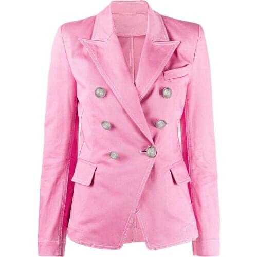 HIGH STREET Newest 2021 Designer Blazer Jacket Womens Classic Double Breasted Lion Buttons Top Stitching Contrast Denim Blazer