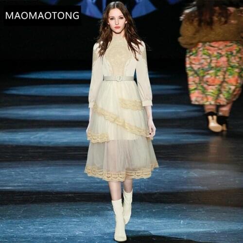 Womens Clothing Fashion Dress Spring Women Dress Stand collar Embroidery Belt Mesh Lace Cascading Ruffle High Quality Dresses