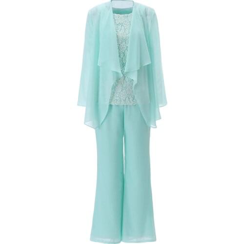 Formal Navy 3 Pieces Women Chiffon Lace Fashion Mother of the Bride Dress Pant Suits with Long Sleeves Outfit Jacket SL-M05