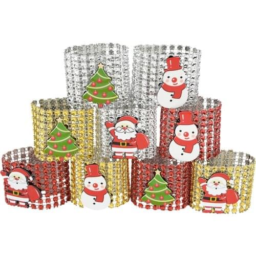 10pcs/lot Christmas Decoration Napkin Rings Santa Claus Snowman Curtain Buckle Diamond Mesh Roll Napkin Holder Home Table Decor