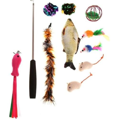 11Pcs/set Cat Toy Set Feather Bell False Mouse Stick Feather Teaser Interactive Feather Mice Cat Catcher Teaser Toys for Cat