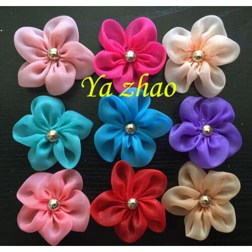 2.3" Organza Five Petal Flower With Button ,Fabric Rhinestone Flower 100pcs/lot Free shipping