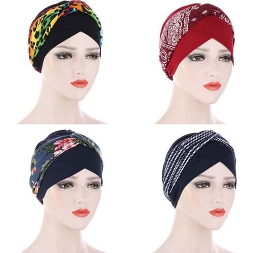 2021 New Women Muslim Cotton Turban Folding Cross Knotted Hair Ribbon Scarf Head Wrap Headwear Bandanas Lady Hair Hats Beanie