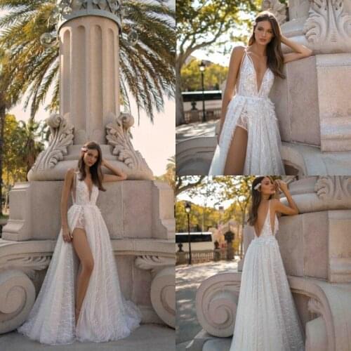 2021 A Line Wedding Dresses Sexy V Neck High Side Split Backless Lace Beach Bridal Gowns Tulle Wedding Dress Vestido De Novia