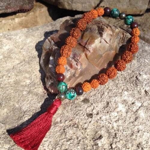 27 Bead Stacking Quarter Mala Tassel Rudraksha & African Turquoises Bracelet Bodhi Yoga Meditation Mala Bracelet BM10962