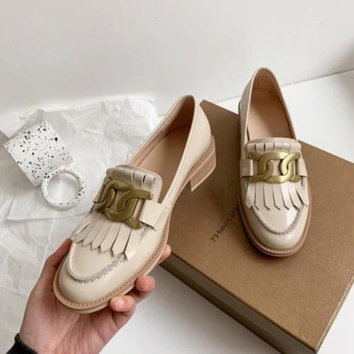British College Style Women Loafers Natural Genuine Leather Fringes Tassel Metal Chain Brand Casual Shoes Woman Size 34-43 Beige