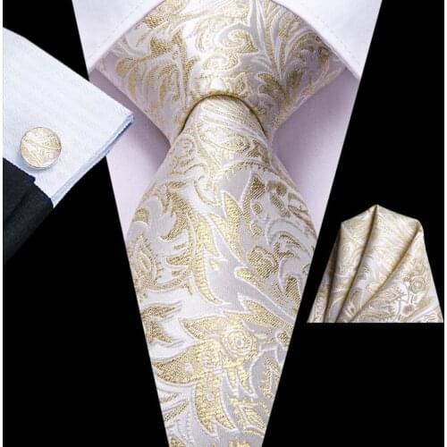 Hi-Tie Light champagne Floral Silk Wedding Tie For Men Handky Cufflink Fashion Design Nicktie For Men Business Party Dropship