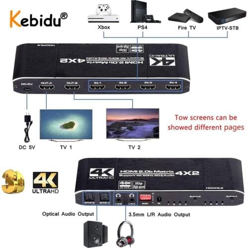 KEBIDU 4K@60Hz Matrix 4x2 18.5 Gbps HDMI-compatible Switch Splitter with SPDIF and L/R 3.5mm HDR Switch 4x2 Support HDCP 2.2 3D