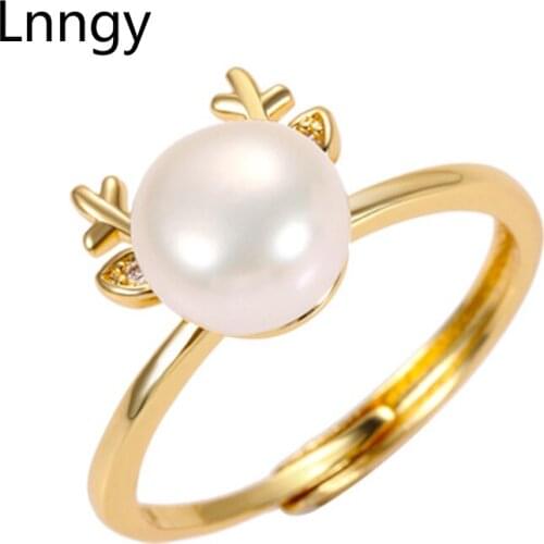 Lnngy 14K Gold Filled 7-7.5mm Natural Freshwater Pearl Ladies Cute Antlers Ring for Women Engagement Adjustable Ring Pearl Gifts