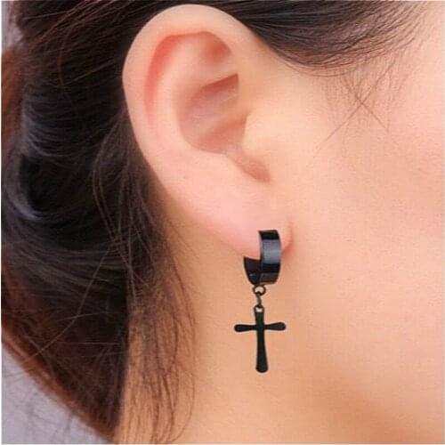 New Mens Stainless Steel Clip Earrings Black/Silver Color Cross Gothic Punk Rock Style Jewellery
