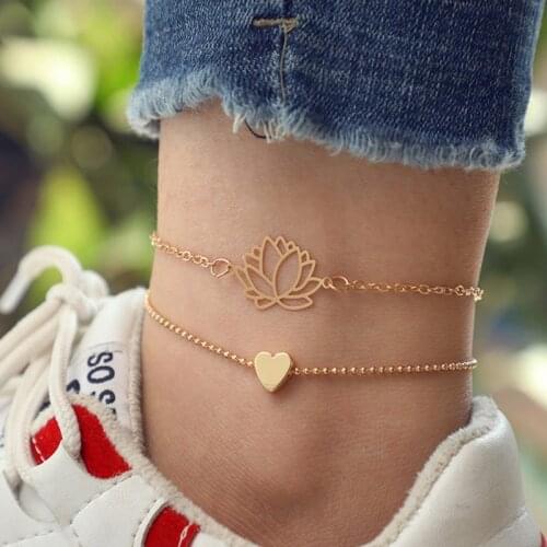 Summer Simple Lotus Heart Chain Anklet Bohemian Vintage Double layer Footwear Leg Bracelets 2021 New Female Foot Jewelry Gifts
