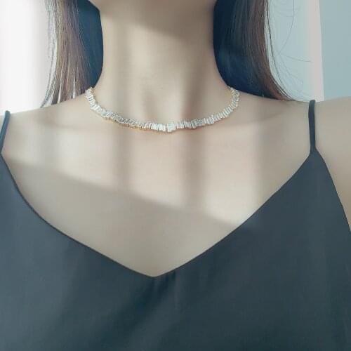 Popular AAA cubic zirconia Brand Baguette choker necklace for Women adjustable length trendy geometric chokers necklaces IN01