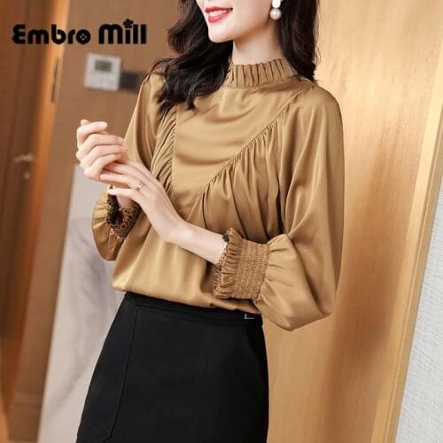 Thick Silk Shirt Womens New Fashionable Street Style High-End Pleated Lace Lantern Sleeve Lady Top S-XL