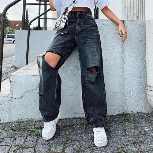 Ripped Women Jeans Wide Leg Long Pants Ladies Black Jeans Fashion Loose High Waist Vintage Denim Pants Hole Korean Women Trouser