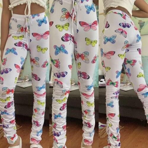 Butterfly Print Lace Up Waist Sweatpants Bodycon Woman Pants Skinny Joggers Elastic Waist Streetwear