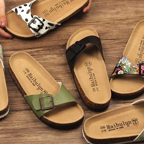 Flat With Rhinestones Clogs Platform Leather Couple Cork Sandals Low Square Buckle Babouche Slippers Male Beach Bling Slates