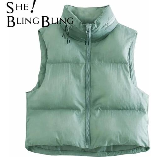 SheBlingBling Za 2021 Womens Warm Winter Short Black Vest Feathers Woman High Collar Sleeveless Jacket Ladies Brown Top Outwear