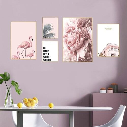 Nordic Flamingo Flower Wall Art Canvas Poster Pink Minimalist Print Painting Scandinavian Decoration Picture Living Room Decor