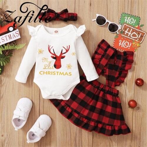 ZAFILLE My First Christmas Clothes For Baby Girl Clothes Set Red Plaid Suspender Dress Party New Year Costume For Babies