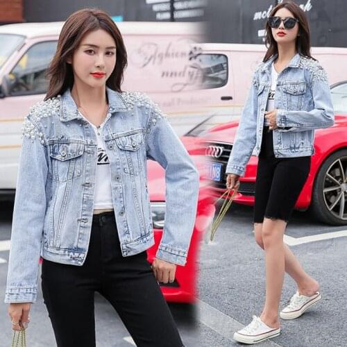 2020 Denim Jacket Women New Autumn Womens Jean Jackets Pearl Casual Denim Jacket Women Coat Long Sleeve Outerwear
