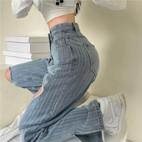 2021 Autumn Winter High Waist Denim Pants Causal Loose Hollow Out Pearl Wide Leg Jeans Pant Split Chic Harajuku Trousers Blue