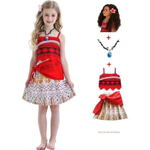 Girl Moana Cosplay Costume for Kids Vaiana Princess Dress Clothes and wig Necklace for Halloween Costumes Gifts for Girl 2-10Y