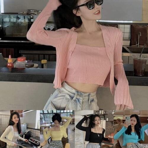 Women New Stylish Long Sleeve Buttons Warm Knitwear Cardigan Ribbed Camisole Two Piece Set Outfit