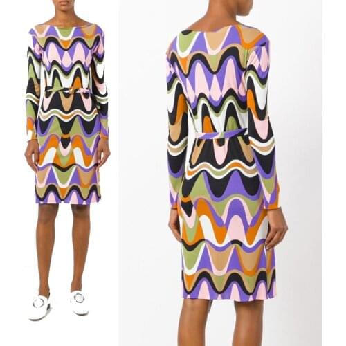 The new womens water ripple print with belt elastic knitted slim dress fashion