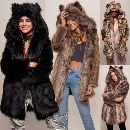QingWen Winter Warm Clothe Women Cute Hat Mid-length Leopard Imitation Fur Coat Jacket Manteau Femme Abrigos Mujer Invierno 2021