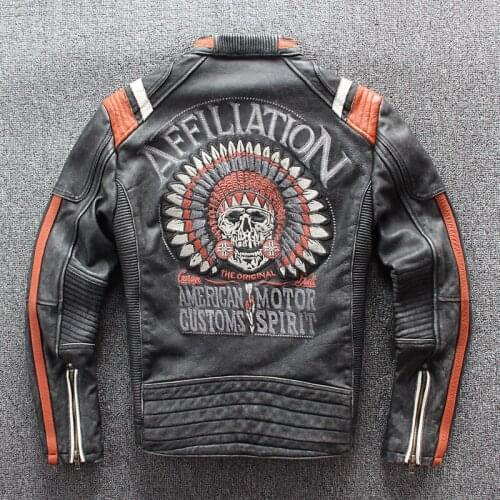 2020 Vintage Black Men Leather Motorcyclist Jacket Skull Embroidery Plus Size 3XL Genuine Cowhide Short Biker Coat FREE SHIPPING