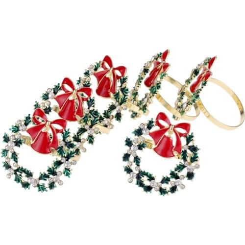 6Pcs Alloy Christmas Tree Bells Bow Flower Wreath Napkin Rings Hotel Sample Room Set Party Dinner Table Napkin Buckle Decoration
