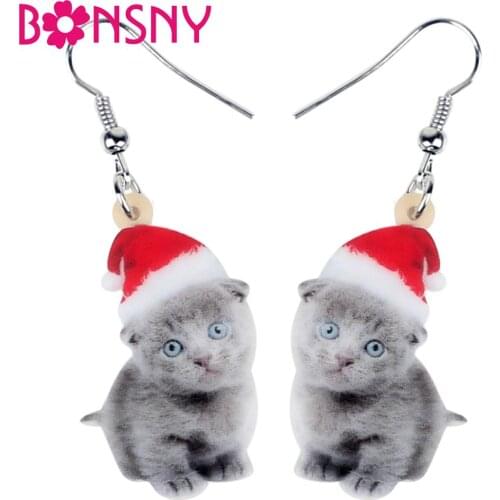 Bonsny Acrylic Christmas Sweet Grey Cat Kitten Earrings Drop Dangle Anime Pets Women Girl Teen Kid Festival Birthday Charms Gift