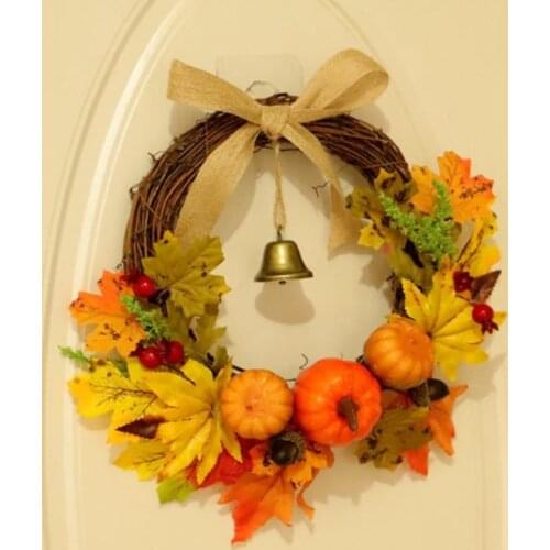 Thanksgiving Halloween Fall Door Hanging Pumpkin Wreath With Bells Autumn Maple Decoration Home Party Decor