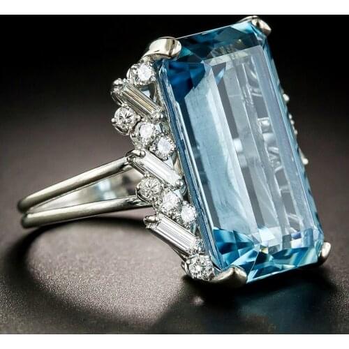 Square aquamarine gemstones diamonds Rings for women blue crystal white gold silver color jewelry fashion party bijoux gifts
