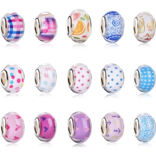 Womens Best Gifts Beads for Pandora Style Bracelet Jewelry Making Colorful Printings Spacers Silver Tone Core Charms 100PCs