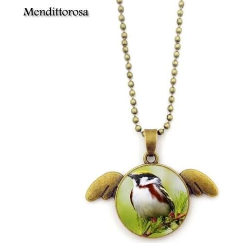 Mendittorosa Vintage Style Bird Jewelry Glass Bronze Angel Wings Pendants Necklace Bijouterie