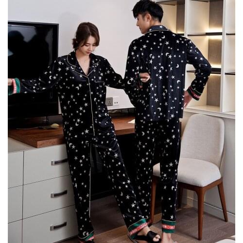 Autumn Winter Star Moon Couple Warm Velour Pajamas Woman Man Pajamas Set Sleepwear Gold Velvet Top And Pants Pajamas Homewear