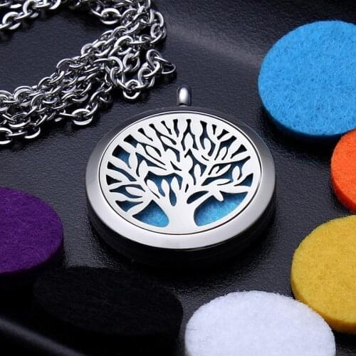 TJP Diffuser Locket Tree of Life 316L Stainless Steel Essential Oils Aromatherapy Lockets Perfume Necklace Free with Felt Pads