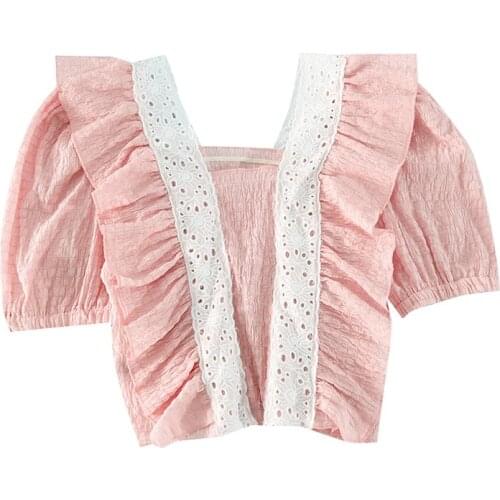 PERHAPS U Women Pink White Solid Top Slash Neck Short Sleeve Spring Summer Puff Sleeve Ruffle Lace Blouse B0654