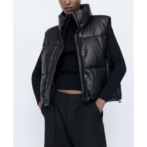 New Autumn Winter Women Black Sleeveless Faux Leather Jacket Casual Zipper Solid Coat Female Warm Cotton Outwear Tops Ladie Y855