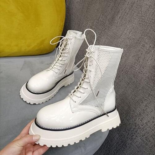 Summer New Thick-Soled Womens Boots Thick-Soled Trend Hollow Leather Lace Up Locomotive Fashion Boots