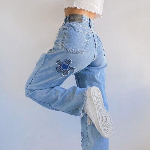 High Waist Floral Patchwork Pants 90s Aesthetic Zipper Loose Blue Baggy Jeans For Women Y2k Vintage Street Straight Trousers