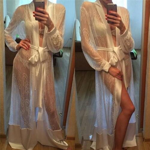 Women Sexy Satin Lace Robe Sleepwear Nightwear See Through Long Robe Lace Up Kimono Gown Bathrobe Sleep Nightdress Femme Hot