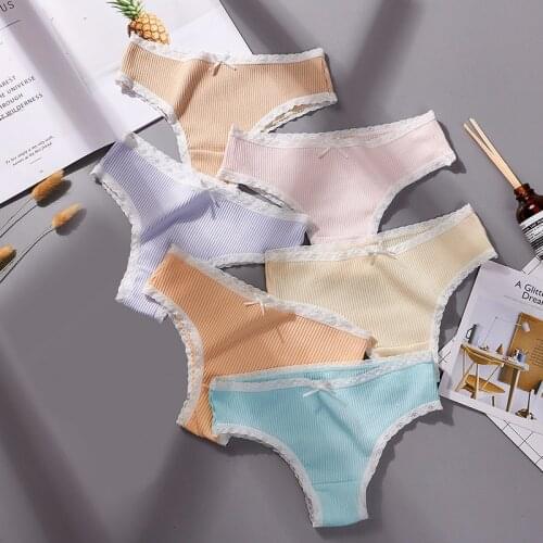 Womens underwear cotton Japanese sexy underwear female rib cotton sexy lace side comfortable close-fitting ladies cotton thong