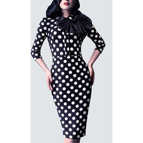 Women Retro Elegant 3/4 Sleeve Bow Knot Lady Formal Bodycon Pencil Knee Length Dress 1HB244