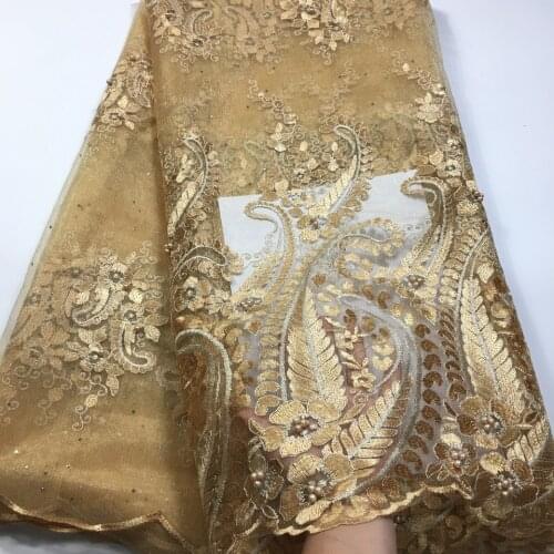 Gold African Lace Fabric 2021 High Quality Lace with baeds/ Mesh French Tull Lace Fabric for Wedding Nigerian Lace Fabrics M1935