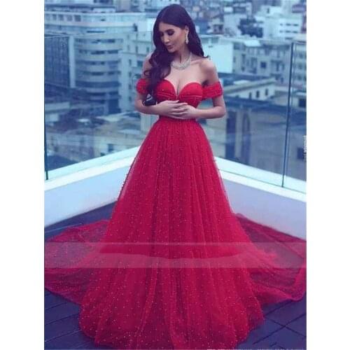 2020 Long Prom A-line Off-the-shoulder Red Beading Prom Dresses Pearls Crystals Saudi Arabia Evening Gowns