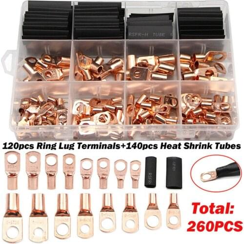 260PCS Copper Bare SC Terminals Lugs Wire Crimping Terminals Ring Cable Soldered Connectors Assorted Kit