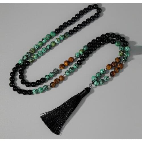 8mm Natural Tiger Eye African Turquoise Black Agate Beaded Necklace 108 Japa Mala Meditation Yoga Blessing Jewelry